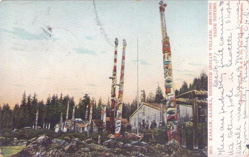 Kasaan, Deserted Indian Village.  Showing Tribe Totems.