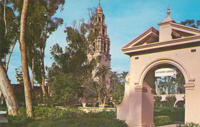 San Diego, California Tower and Alcazar Gardens in Balboa Park