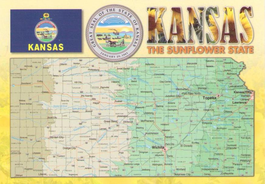 Kansas, The Sunflower State, map and flag
