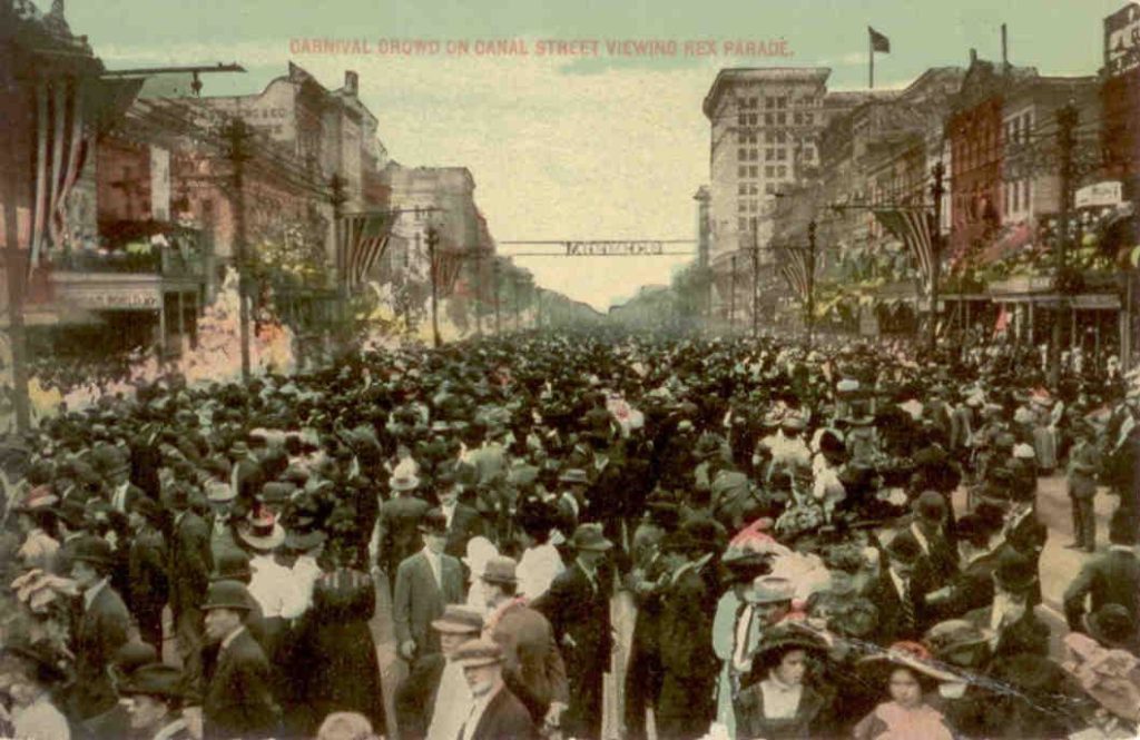 New Orleans, Carnival Crowd on Canal Street Viewing Rex Parade