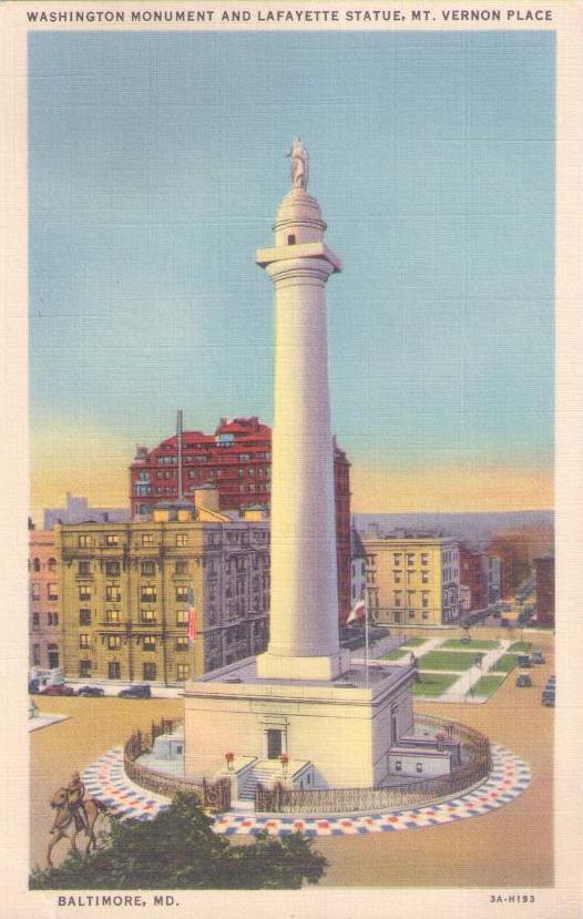 Baltimore, Washington Monument and Lafayette Statue, Mt. Vernon Place