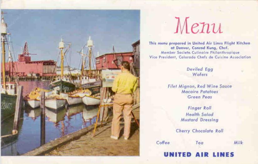 Gloucester Harbor fishing fleet, United Airlines menu