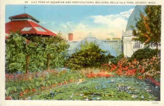 Detroit, Lily Pond at aquarium and horticultural building, Belle Isle Park