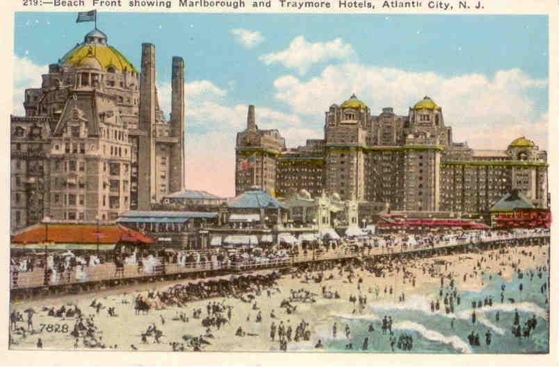 Atlantic City, Beach front showing Marlborough and Traymore Hotels