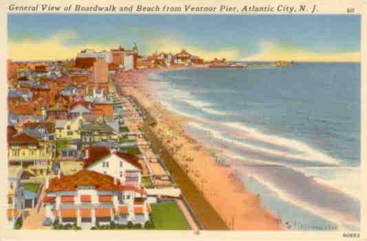 Atlantic City, General View of Boardwalk and Beach from Ventnor Pier