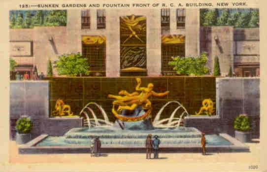 New York City, Sunken Gardens and Fountain Front of R.C.A. Building