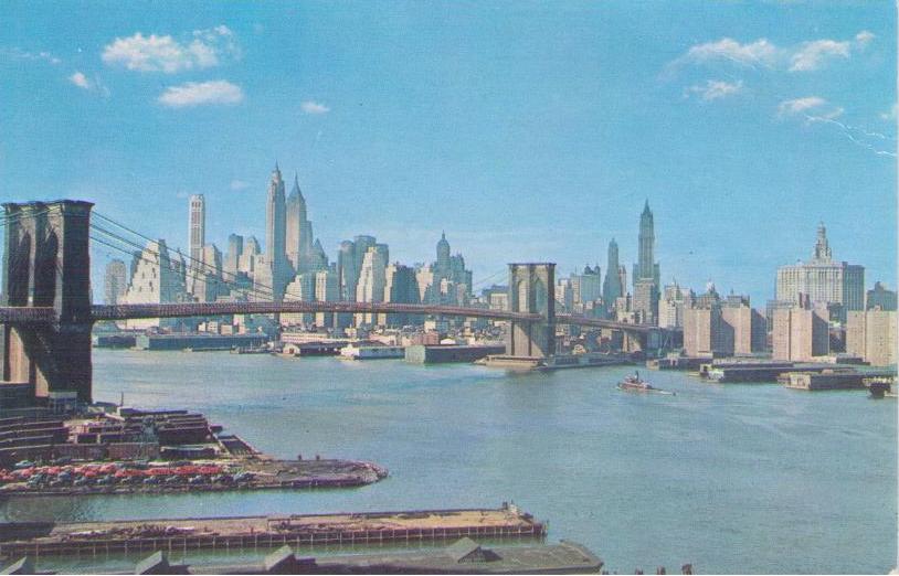 New York City, Lower Manhattan skyline showing Brooklyn Bridge