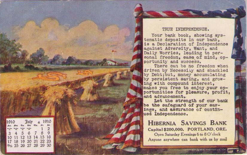 Portland, Hibernia Savings Bank, July 1910 Calendar
