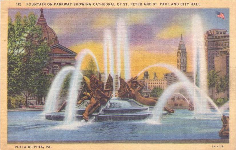 Philadelphia, Fountain on Parkway showing Cathedral of St. Peter and St. Paul and City Hall