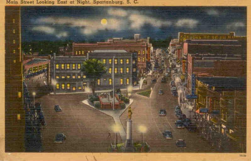 Spartanburg, Main Street Looking East at Night