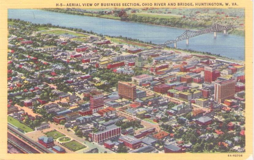 Huntington, Aerial View of Business Section, Ohio River and Bridge
