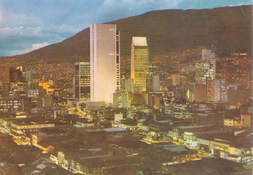 Medellin, night view with Banco Cafetero and Coltejer Building