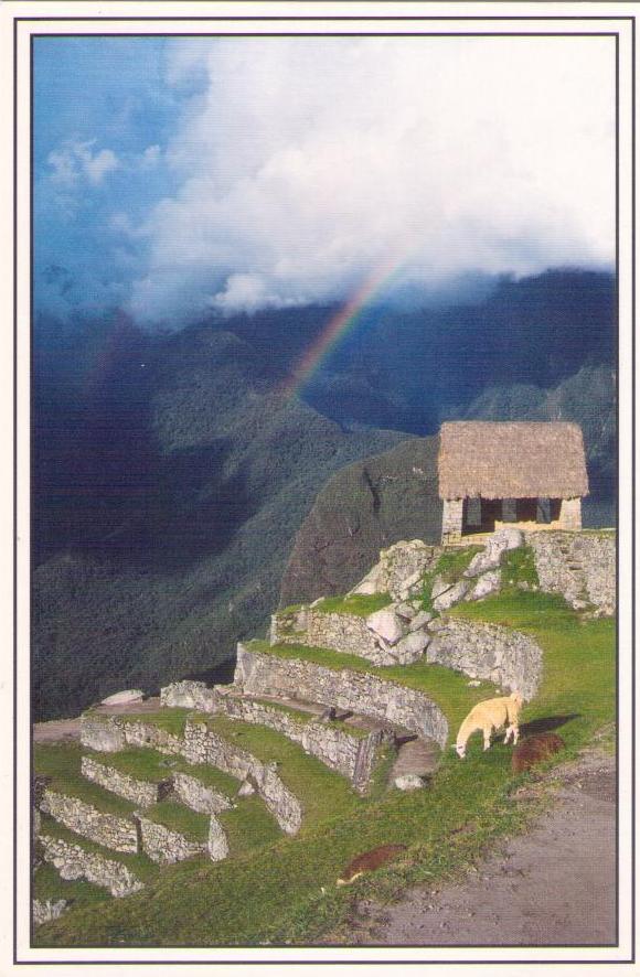 Machu Picchu, The Hut of the Caretaker, llama and rainbow