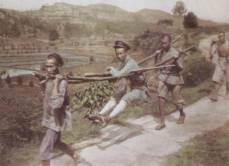 Army Official in Bamboo Sedan Chair Carried by Two Footmen