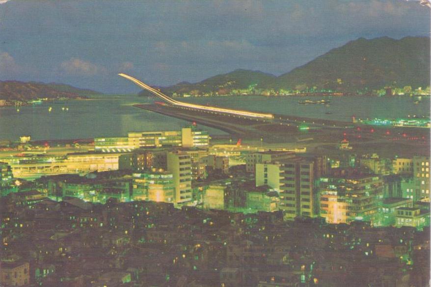 Kai Tak Airport at night with its Modern runway illuminated