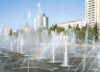 Pyongyang, fountains and skyline