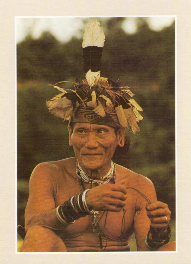 Penan with headdress of hornbill feathers