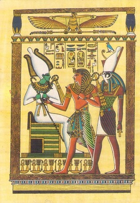 Seti I between Horus and Osiris