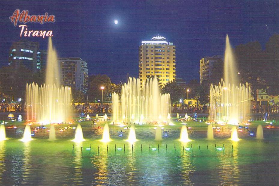 Tirana, night view with fountains