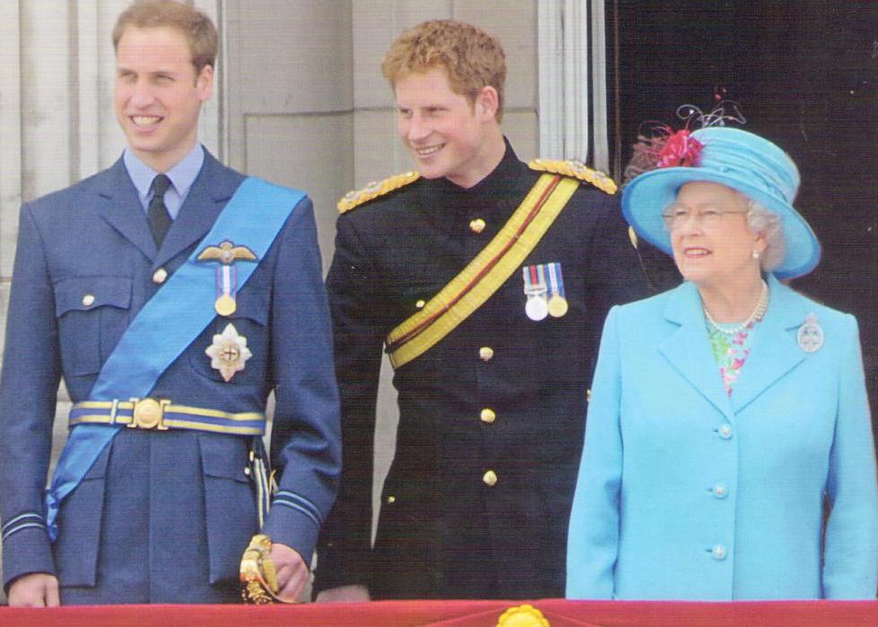 HM Queen Elizabeth II with grandsons Prince William and Prince Harry