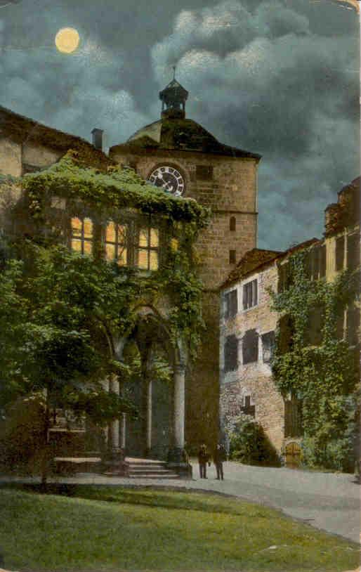 Heidelberg, Brunnenhalle und Wartturm im Mondschein