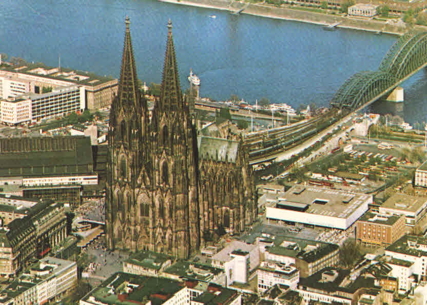 Cologne, aerial view of Cathedral and Rhine