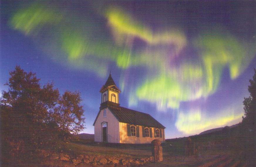 Northern lights and Thingvellir church  PK060