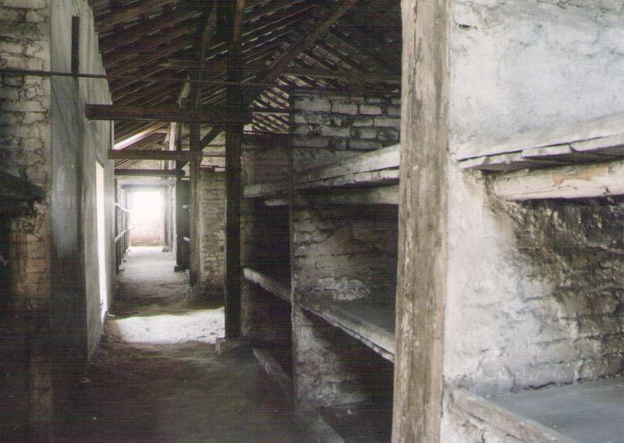 Auschwitz II – Birkenau:  Interior of a brick barracks