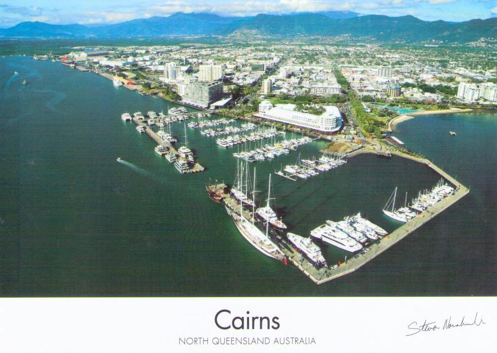 Aerial view over the Cairns Esplanade and Marlin Marina