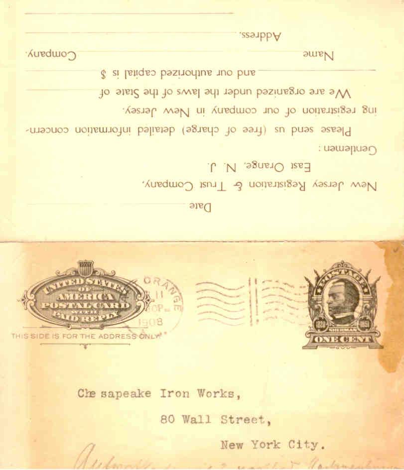 Reply-paid card for New Jersey (1908)