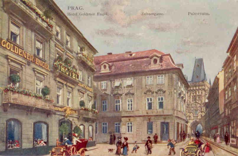 Prag, Hotel Goldener Engel on Zeltnergasse, Pulverturm (Powder Gate) (Czech)