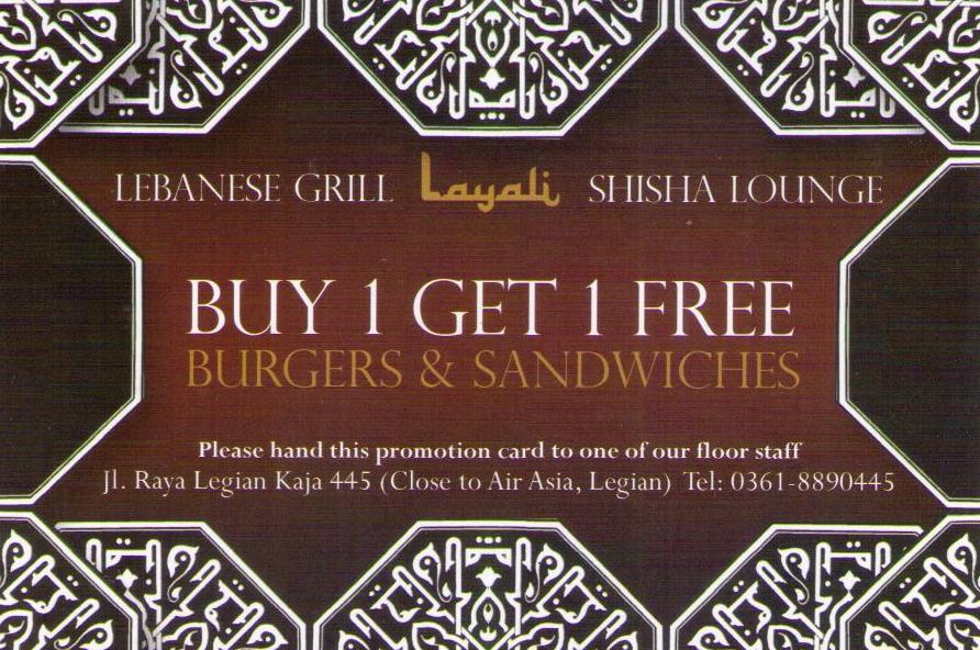 Layali Lebanese Restaurant – burger offer (Bali) (not a postcard)
