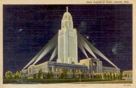 Nebraska state capitol at night, Lincoln