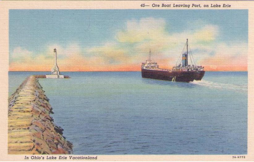 Ore Boat Leaving Port, on Lake Erie (Ohio, USA)
