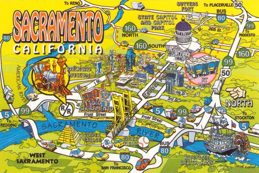 Tower Bridge on map of Sacramento, California