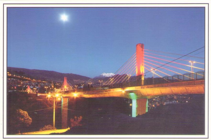 La Paz, moon over Triple Bridge and Mt. Illimani (Bolivia)