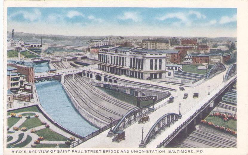 Baltimore, Bird’s-Eye View of Saint Paul Street Bridge and Union Station (Maryland, USA)