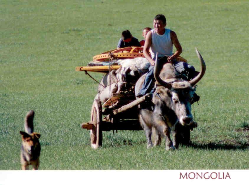 Father, children, yak, cart, dog (Mongolia)