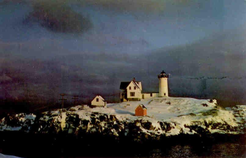 York Beach, Mid Winter Snow Covered Scene of Nubble Lighthouse (Maine)