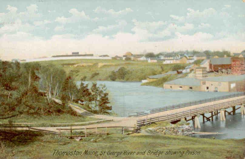 St. George River and Bridge showing Prison, Thomaston (Maine, USA)