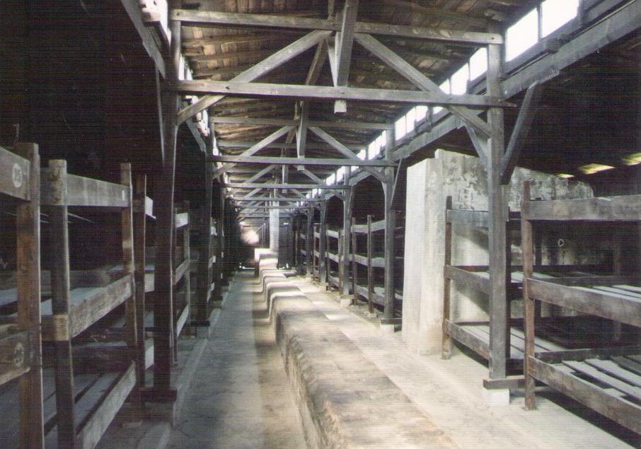 Auschwitz II – Birkenau:  Interior of a wooden barracks (Poland)