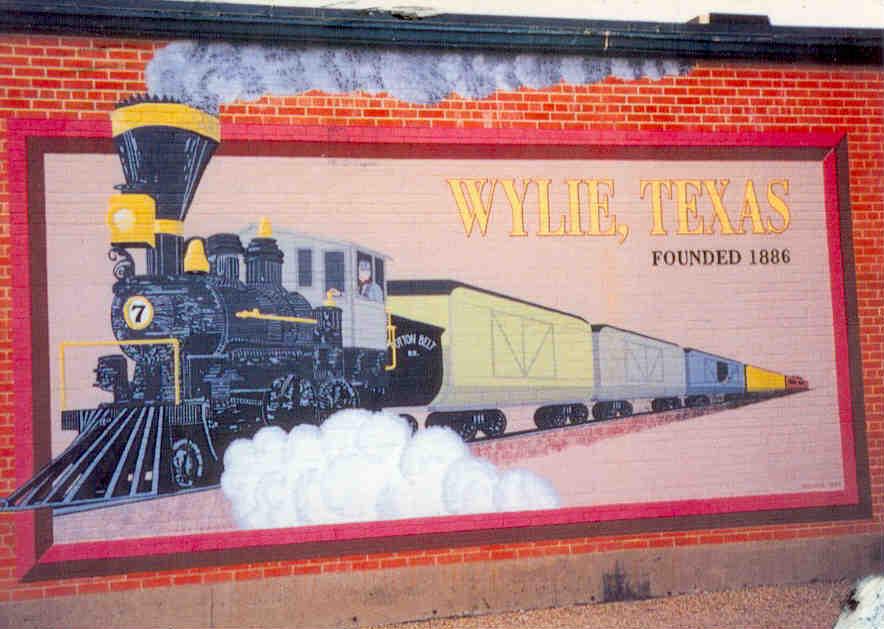 Railroad sign on brick wall, Wylie (Texas)
