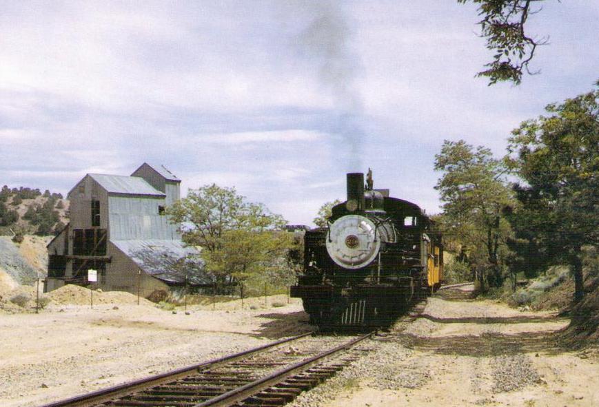 Virginia City, V&T No. 29 passing historic mine building (Nevada)