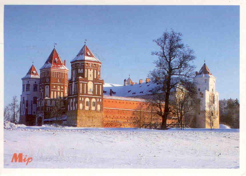 Castle of Mir from the North-West view, winter landscape (Belarus)