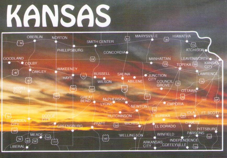 Kansas map and sunset