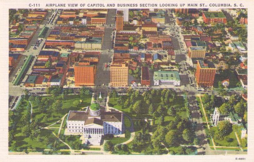 Columbia, Airplane View of Capitol and Business Section Looking Up Main Street (South Carolina, USA)