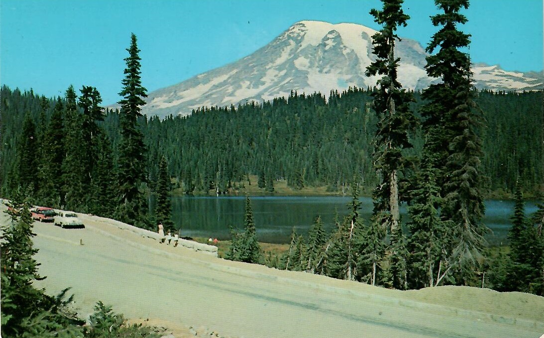 Mount Rainier and Stevens Canyon Road at Reflection Lake (Washington, USA)