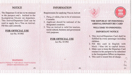 Indonesia Arrival/Departure Card
