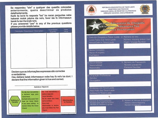 Timor-Leste Customs Declaration Form (2012)