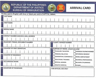 Philippines Arrival Card (2012)